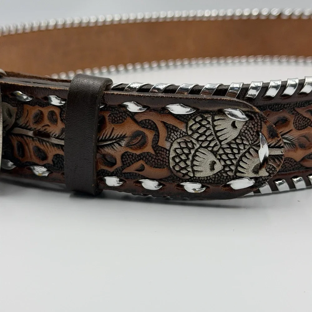 Hand Painted Western Cowboy Brown Leather Belt‎ Silver Buckle/Detail Size 38